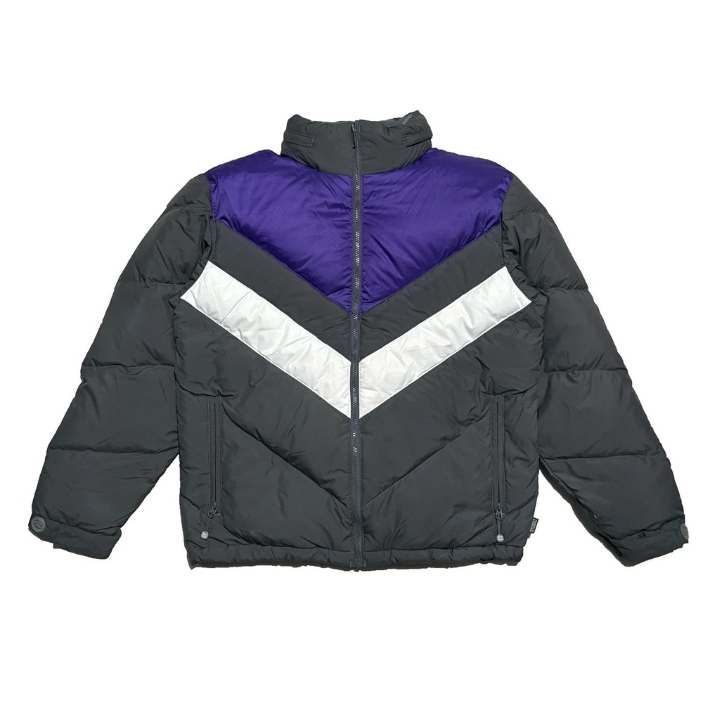 Stussy Authentic Gear Down Full Zip Puffer Jacket Hoodie Mens Large Gray Purple